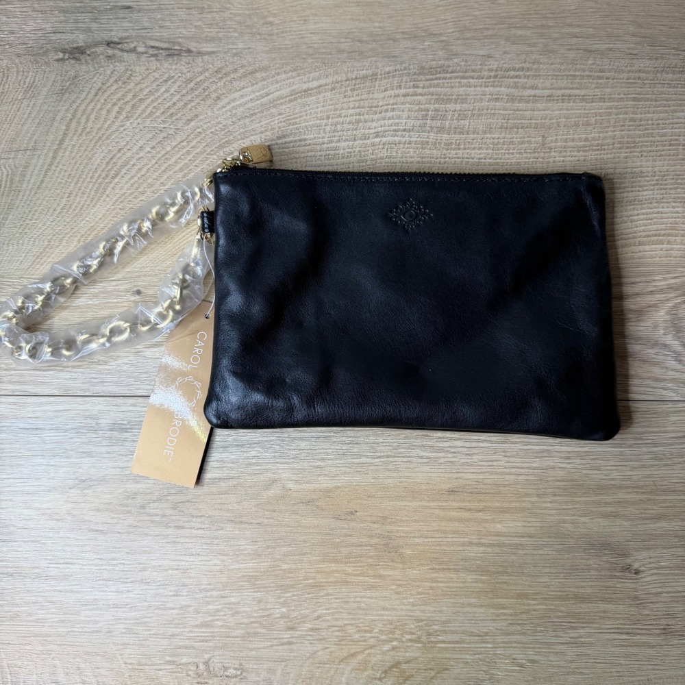Carol Brodie‎ Black Leather Wristlet Clutch Gold Chain Link Pouch Coquette Y2K